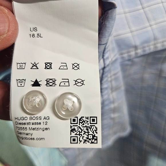 Hugo Boss Shirt Men 16.5 34 35 Sharp Fit‎ Button Long Sleeve White Blue Plaid - Picture 6 of 11